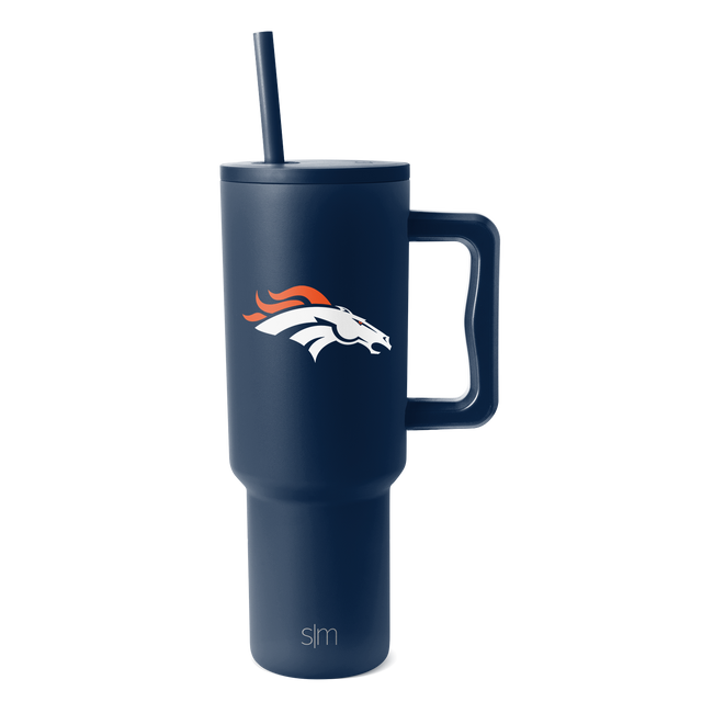 Navy blue insulated tumbler with tapered cylindrical design, wider at middle and narrower at base, shown against white background.