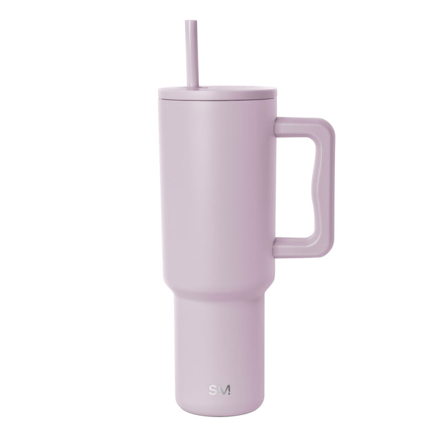 Mauve 40-ounce insulated travel tumbler with matching handle and lid with straw, shown against white background. Simple Modern logo visible on lower front.