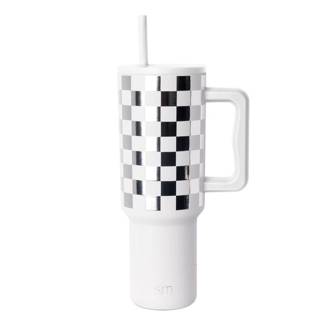 Black and white checkered tumbler with white base and handle