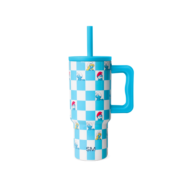 Turquoise blue and white checkerboard tumbler with matching turquoise handle, lid, and straw.