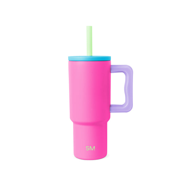 Simple Modern tumbler with hot pink body, turquoise lid, lavender handle, and sage green straw on white background. SM logo visible on front.