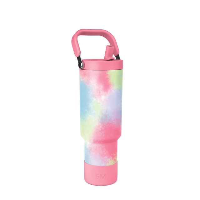 Vibrant tie-dye water bottle with soft pastel colors including pink, light blue, pale yellow-green, and lavender blended in a watercolor-like pattern across the center band.