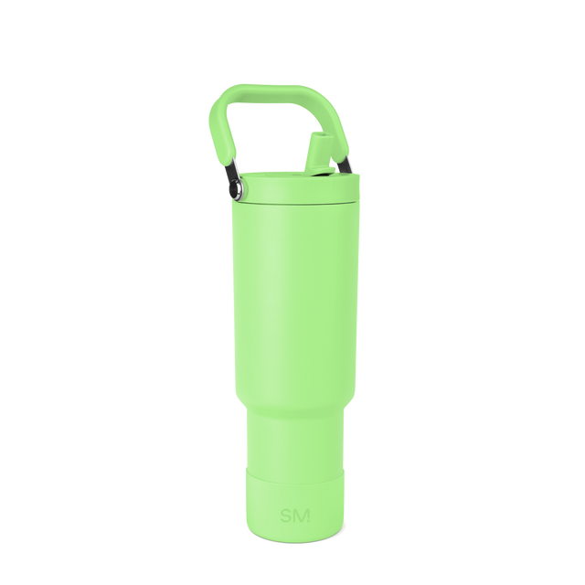 Bright lime green water bottle with black accents, curved design, full body view