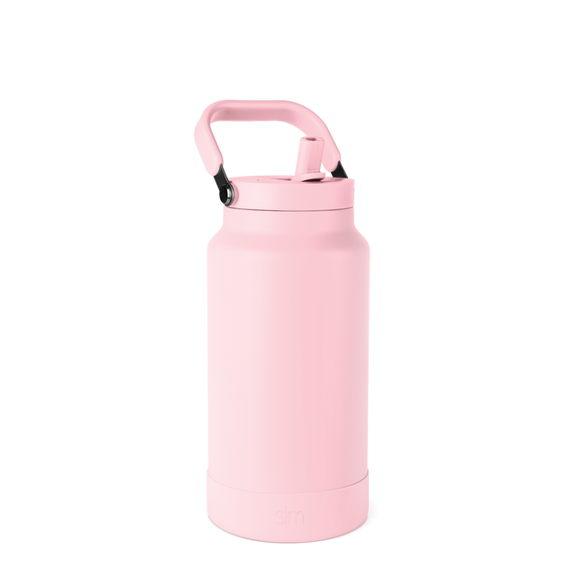 Soft pale pink water bottle with cap against white background