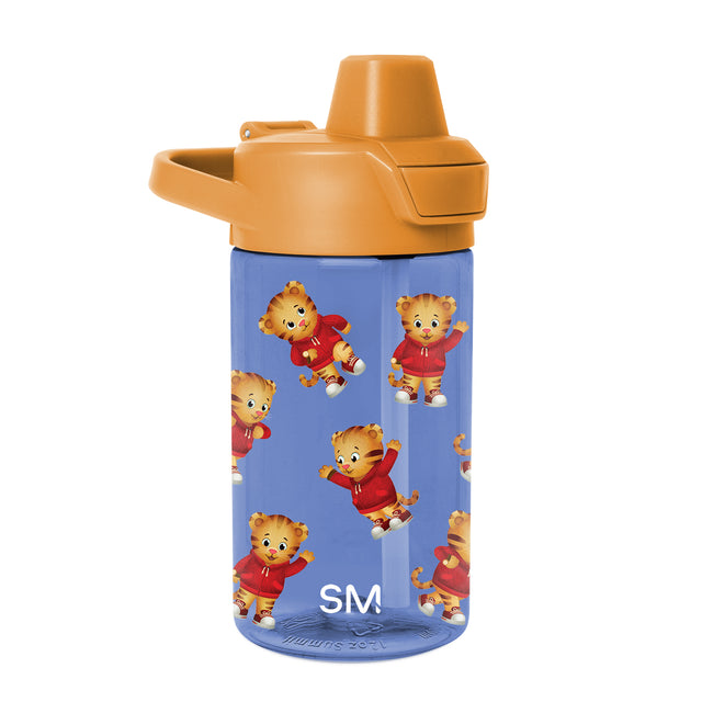 Periwinkle blue water bottle with golden orange cap and spout on white background