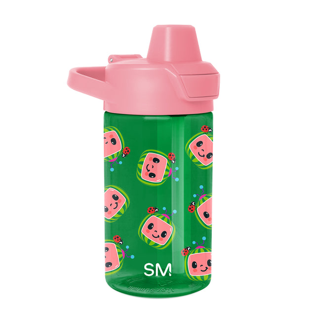 Simple Modern kids water bottle with kelly green body, pink lid and handle, decorated with smiling cartoon watermelon characters, red ladybugs, and blue dots.