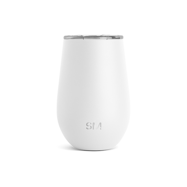 White thermal container with brushed stainless steel lid and rim