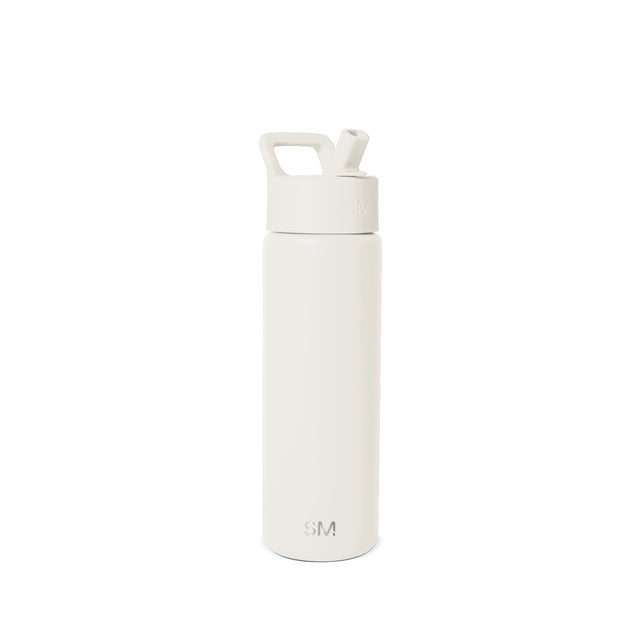 Cream-colored insulated water bottle with wide-mouth design and carry handle against neutral background. Simple Modern logo visible on lower front. Professional product photography.