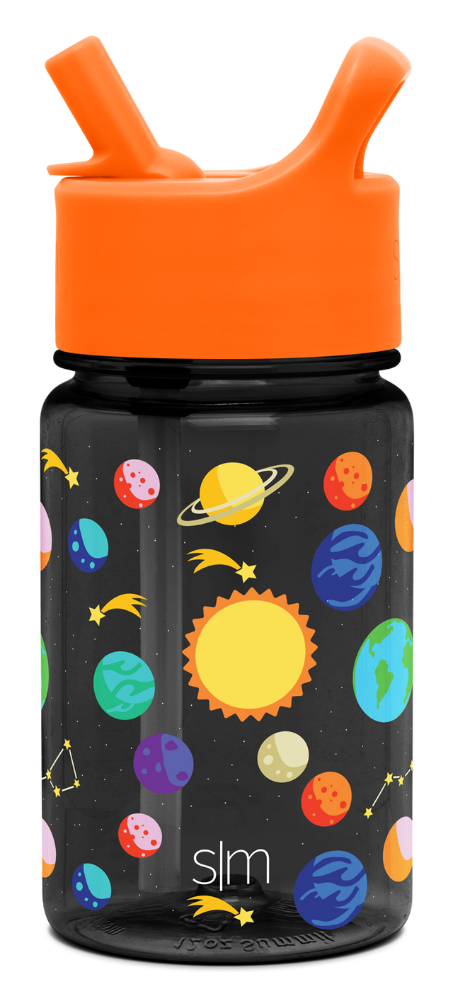Water bottle with dark charcoal cylindrical body and bright orange cap lid assembly